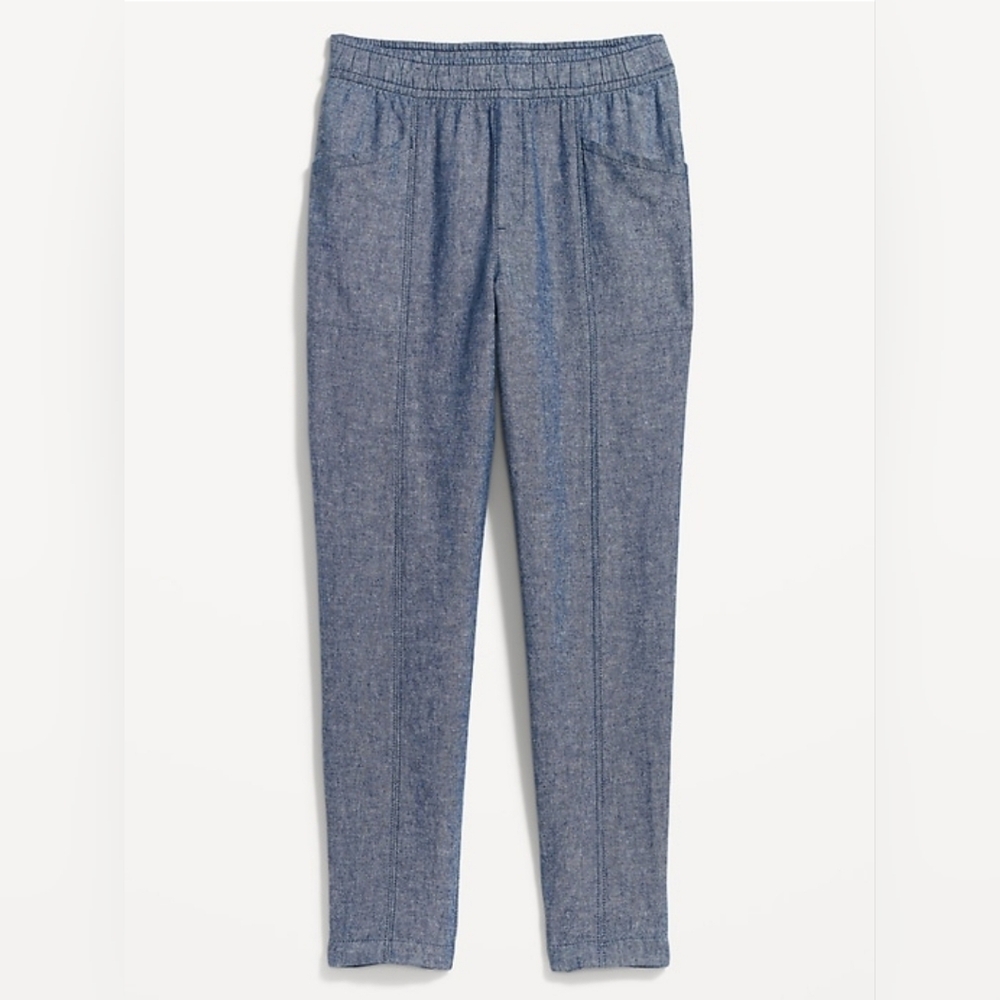 High-Waisted Chambray Cropped Linen-Blend Tapered Small Blue Pants-Women OldNavy - Picture 7 of 13